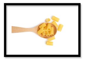 Wooden spoon with uncooked tortiglioni pasta on white background