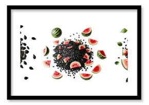Watermelon Seeds and Slices Composition Isolated on transparent Background, Featuring Raw transparent Seeds, Sliced Pink Watermelon Pieces, and Green Leaves for Visual Contrast