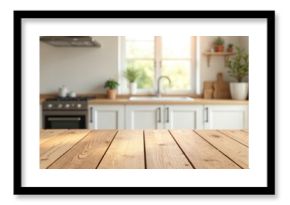 Wooden table foreground blurred kitchen. Rustic wood surface for product display presentation. Empty tabletop with cozy bright interior, window, shelf. Product placement, food photo, modern home