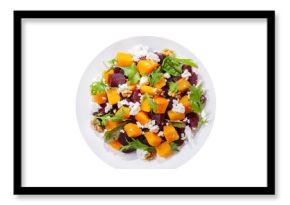 plate of salad with baked pumpkin, beetroot, greens and cream cheese isolated on transparent background, top view