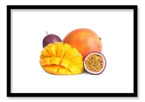 Sweet fresh mangos and passion fruits isolated on white