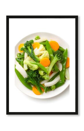 Steamed Mixed Vegetables on Plate, Isolated on White