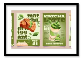 Matcha promotional poster designs - Japanese green tea cafe marketing materials with latte drinks, traditional whisk preparation and desserts. Organic vegan beverage advertisements for restaurant.