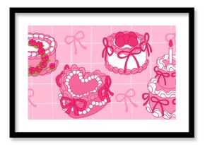 Vintage pink cakes with ribbons and bows, strawberries and roses on checkered background - coquette retro birthday desserts decorated with cream swirls, flowers and candle. Sweet bakery illustration.