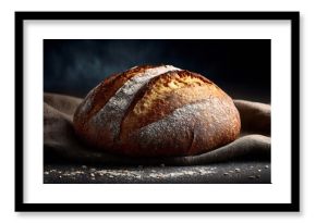 A rustic, artisanal loaf of sourdough bread, just out of the oven, with flour dusting its crust, on a dark, moody background, food photography, chiaroscuro lighting