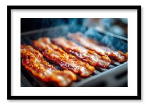Delicious crispy bacon strips cooking on a grill with smoke and sizzling aroma