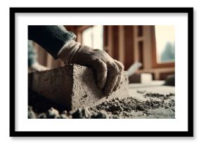 Skilled worker's hand in glove leveling concrete with trowel indoors construction site