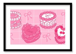 Vintage pink cakes with ribbons, bows and cherries on checkered background - coquette retro birthday desserts decorated with cream swirls and berries. Sweet bakery illustration.