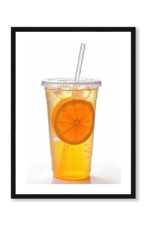Transparent plastic cup filled with orange soda, orange slice, bubbles, ice cubes. Clear straw through flat lid. Condensation droplets adorn cup. White background. Refreshing drink. Summer