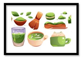 Cartoon matcha set - vibrant green tea products including latte cup, powder bowl with whisk, macarons, cookies and traditional accessories. Japanese beverage ingredients for cafe menu or Asian dessert