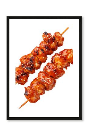 Grilled Korean Dakkochi chicken skewers coated in glossy sesame glaze,isolated on white transparent background, concept of Asian cuisine