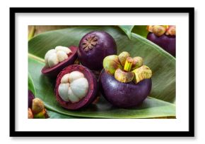 Mangosteen fruits on green leaves close up.
