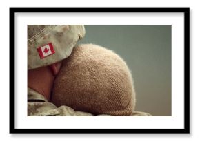 Emotional Military Homecoming Canadian Soldier Embracing Family Member with Flag Patch - Loyalty, Sacrifice, and Veteran Support for National Campaigns