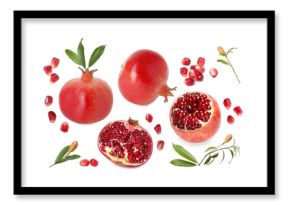 Pomegranate fruits and green leaves isolated on white, set