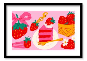 Strawberry set. Berry with bow ribbon, strawberry keychain, hair clip, basket with berries, cheesecake on plate. Hand drawn Vector illustration. Isolated design elements. Summer fresh sweets concept
