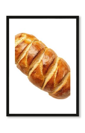 Freshly baked bread viewed from above, showcasing golden crust and soft interior on white background, Bread top view isolated on white background