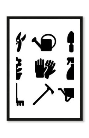 Floriculture Tools Icons. Solid, filled icon set of floriculture tools: pruning shears, watering can, trowel, flower pot, garden