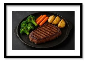 Juicy beef steak paired with roasted vegetables on a sizzling black metal plate