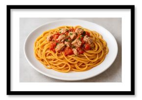 A bowl of pasta topped with tuna chunks