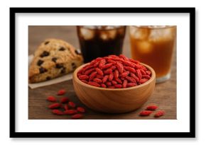 Dried Goji Berries Served in a Wooden Dish Alongside a Pastry and Refreshing Beverages