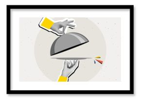 Black and white hands remove the lid from an empty plate - restaurant serving of dish with cloche. Modern collage style. Vector illustration