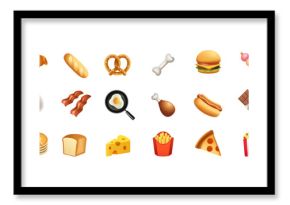 Food Icon Set. Symbols and emojis with fast food, pizza, burger, bacon, chocolate and ice cream. Design elements for social networks. Cartoon 3D vector illustration collection isolated on background