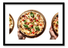 Hand holding Hawaiian Style pizza isolated on white transparent background. Concept of fast food and homemade pizza.