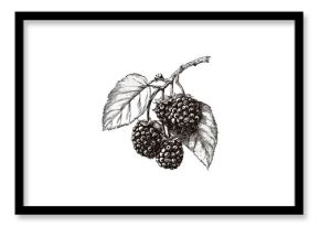 Antique engraving of white mulberry, berry cluster sketch, black ink print, vintage hand-drawn style, retro food art, old botanical illustration, rustic style, trendy nature decor