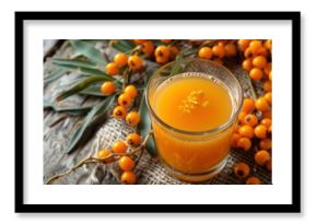 Fresh sea buckthorn juice with berries and leaves creates a healthy and vibrant scene on a rustic wooden table