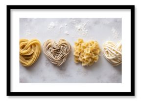 Heart-shaped pasta and noodles in assorted textures and colors arranged in a row on flour-dusted surface, romantic minimal concept for culinary and food styling themes