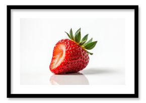 Juicy red strawberry with fresh bite taken, bright vibrant color, detailed texture, green leaves. Natural summer fruit, healthy snack, organic produce for dessert, culinary use.