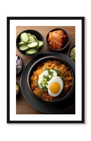 Spicy Korean fried rice with boiled egg, kimchi, cucumber, onion, soup, and seasoning on wooden table, vibrant and appetizing