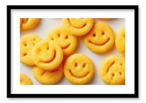 The cheerful collection of smiley face snacks on a white background.