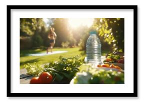 Fresh salad and water on a wooden table in a after park, a healthy lifestyle promoting outdoor training