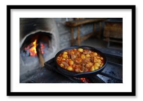 Georgian stew simmering over an open fire, creating a delicious meal.