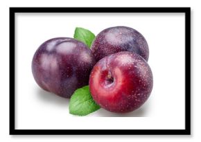 Ripe chinese plums with green leaf isolated on white background. File contains clipping paths.