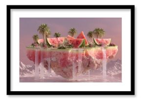Surreal Watermelon Island Floating in Pink Sky with Juice Waterfalls and Palm Trees, Water Melon Day, Fantacy World, Pinck