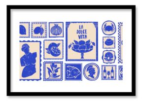 Italian summer poster set, vector hand drawn Mediterranean travel sticker Amalfi coast print stamp. Italy vintage postcard collection wine glass and bottle silhouette. Italian summer food illustration