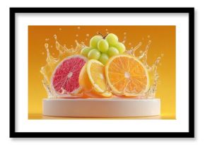 Sliced fruits with splash on a white platform with orange bg