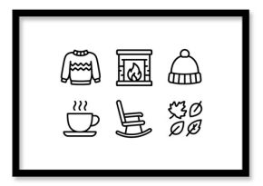 Cozy winter icons: sweater, fireplace, and warm beverages in simple line art