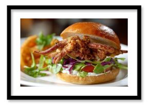 Soft shell crab sandwich is topped with fresh greens and served with crispy curly fries.