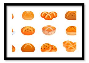 Hot cross bun icons set. Delicious hot cross buns represent a traditional easter treat, depicted here in various shapes and with diverse toppings
