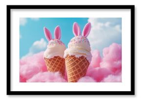 whimsical easter delight two ice cream cones adorned with playful bunny ears sit amidst fluffy pink cotton candy clouds against a vibrant blue sky creating a sweet and enchanting springtime scene