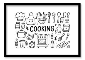 Hand drawn kitchen utensils and cooking elements doodle set