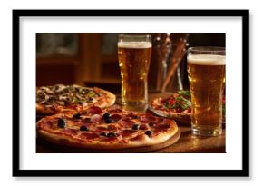 The delicious pizza and refreshing beer served on a rustic wooden table