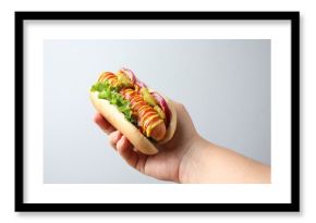 Woman with tasty hot dog on light grey background, closeup