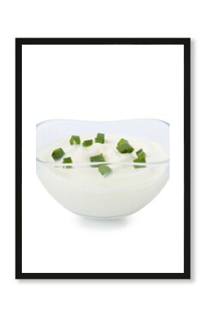 Tasty yoghurt with green onions in bowl isolated on white