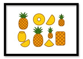 Colorful pineapple icon set with slices and whole fruit in flat design