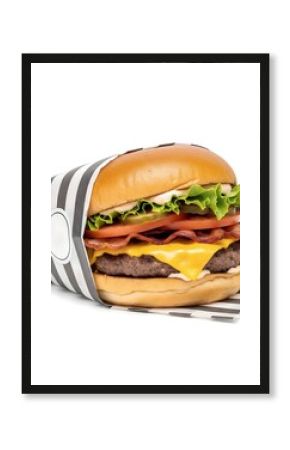 Hamburger wrapped in a black and white striped paper bag with rounded sticker banner isolated on white background