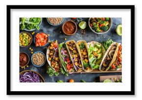 A flat lay image of a tantalizing plantbased taco buffet showcasing a variety of protein options such as marinated tofu grilled portobello mushrooms and seasoned jackfruit.